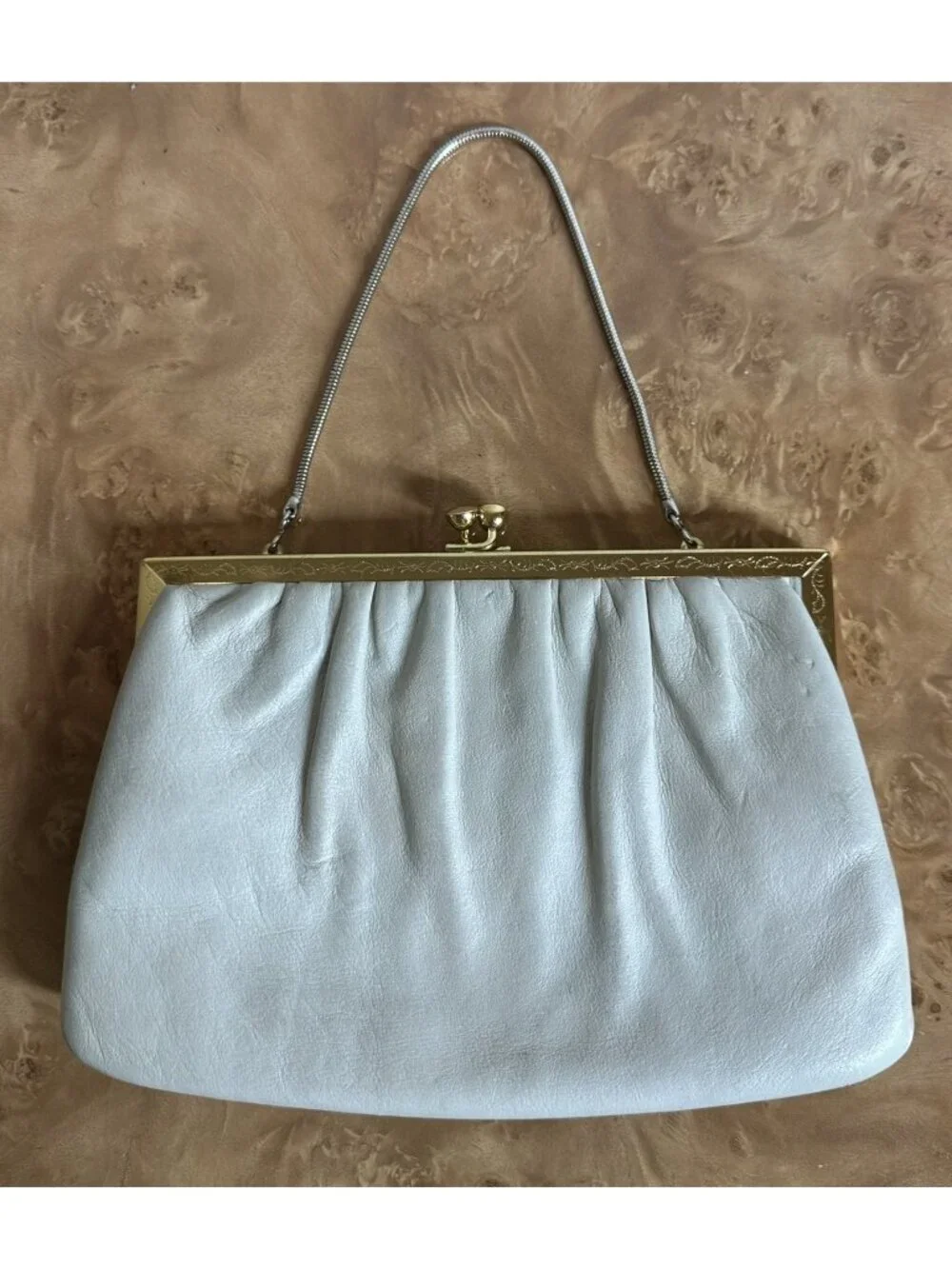 Vintage Etra Off-White Leather Clutch Purse Gold Kiss Lock Evening Bag MCM